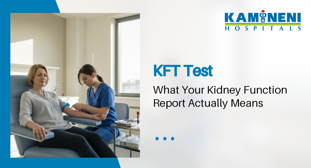 Phlebotomist performing a blood draw for a kft test in a hospital examination room