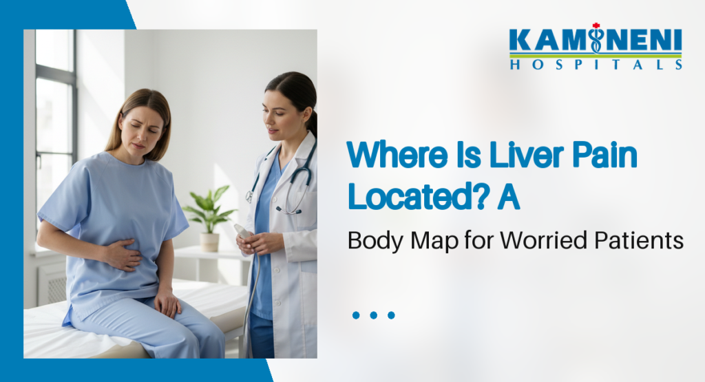 Patient pointing to upper right abdomen where liver pain is located during medical examination